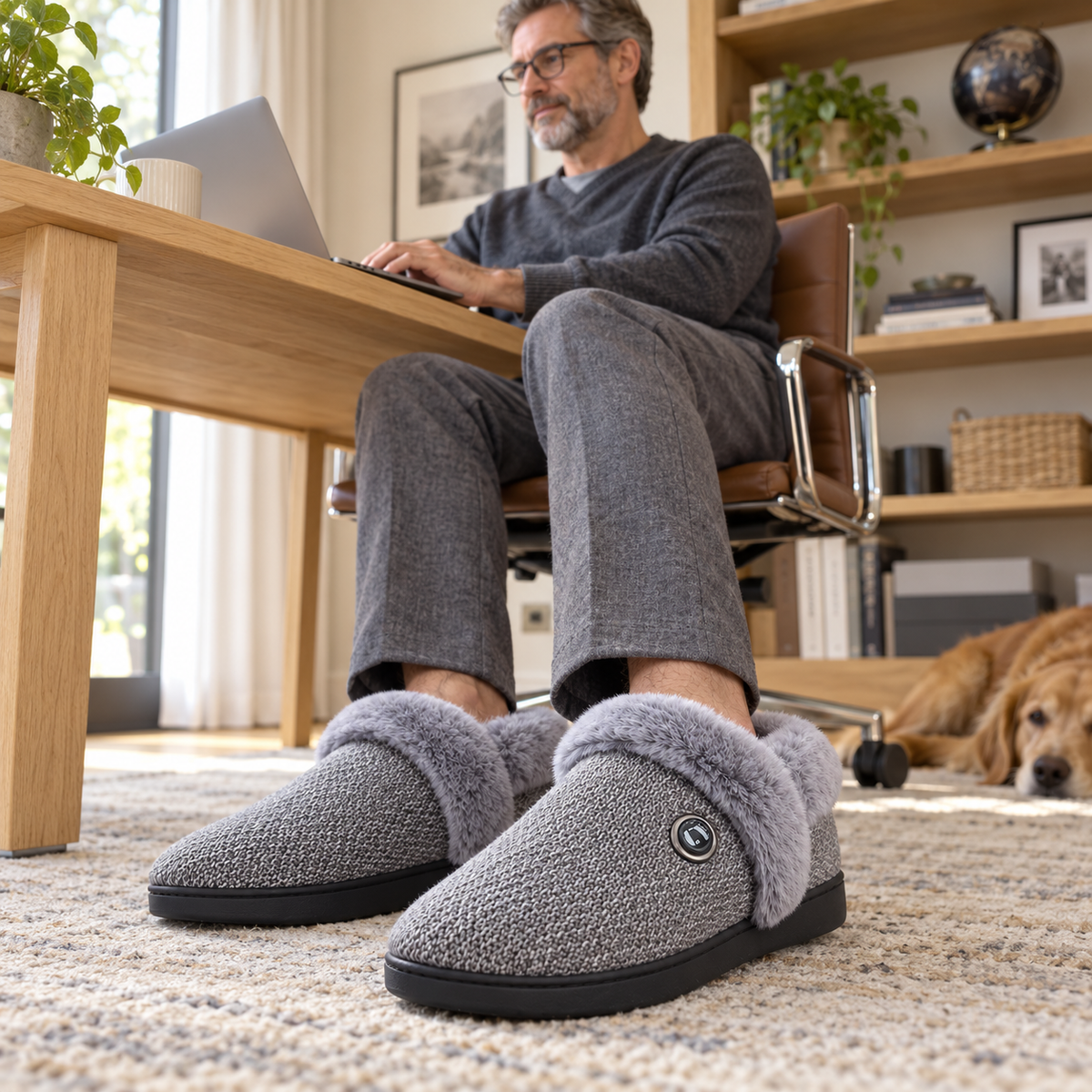 PyreFitのヒーター付きルームシューズを履いて在宅ワークをする男性