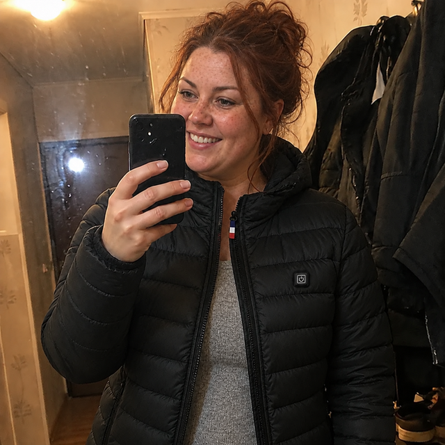Karine M., 41 mit der beheizbaren Winterjacke