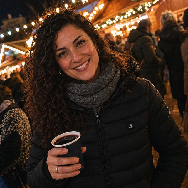 Amandine F., 47 mit der beheizbaren Winterjacke
