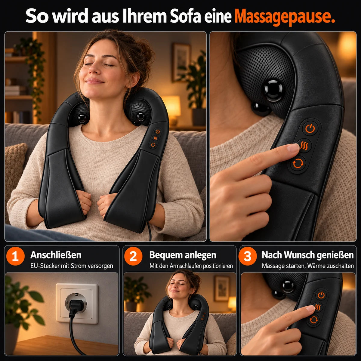 Shiatsu-Nackenmassagegerät in Schwarz: Anschließen, anlegen und Massage mit Wärme wählen