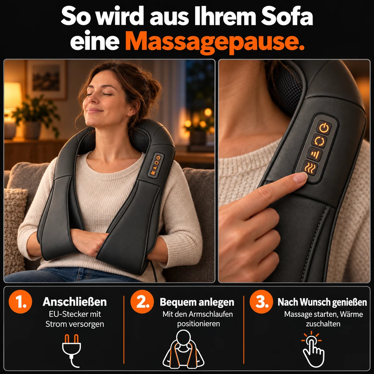 Shiatsu-Nackenmassagegerät in Grau: Anschließen, anlegen und Massage mit Wärme wählen