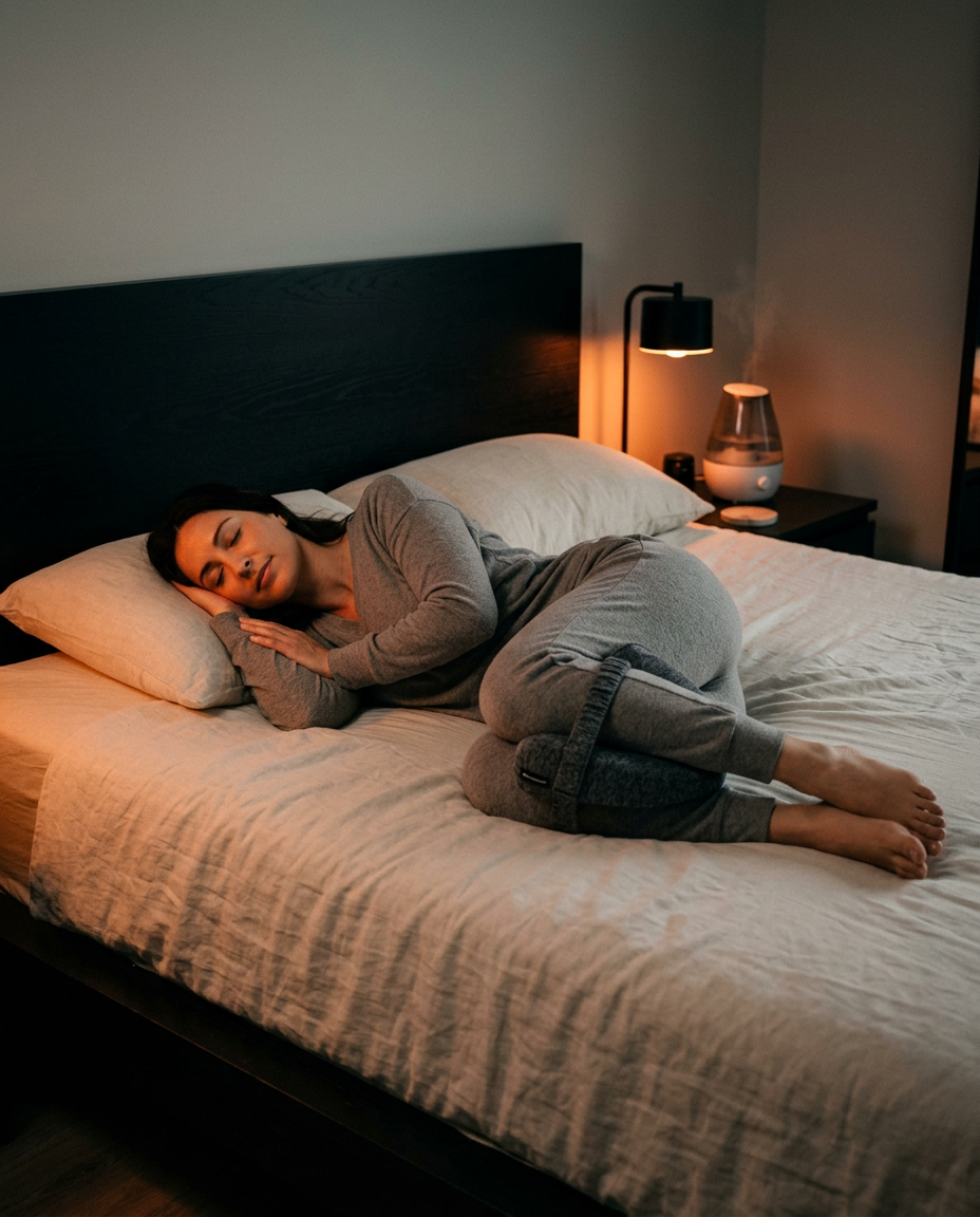 ベッドで膝の間に低反発の膝枕を挟み、横向きに眠る人