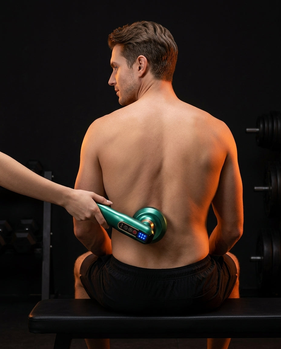 温熱機能付きカッピング器｜背中に機器を当てる男性