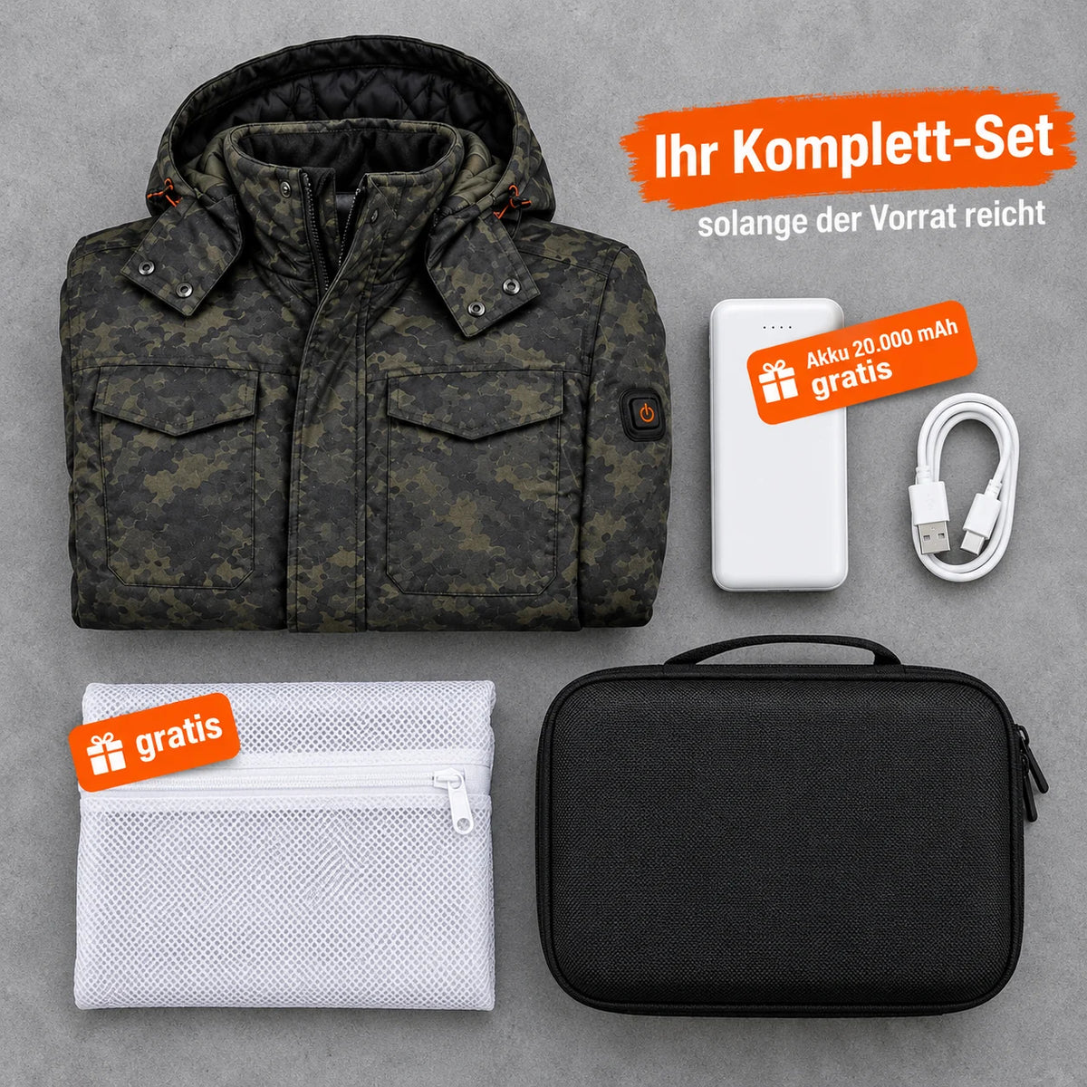 コンプリートセット：Alpino、20,000mAhバッテリー、充電ケーブル、洗濯ネット、収納バッグ