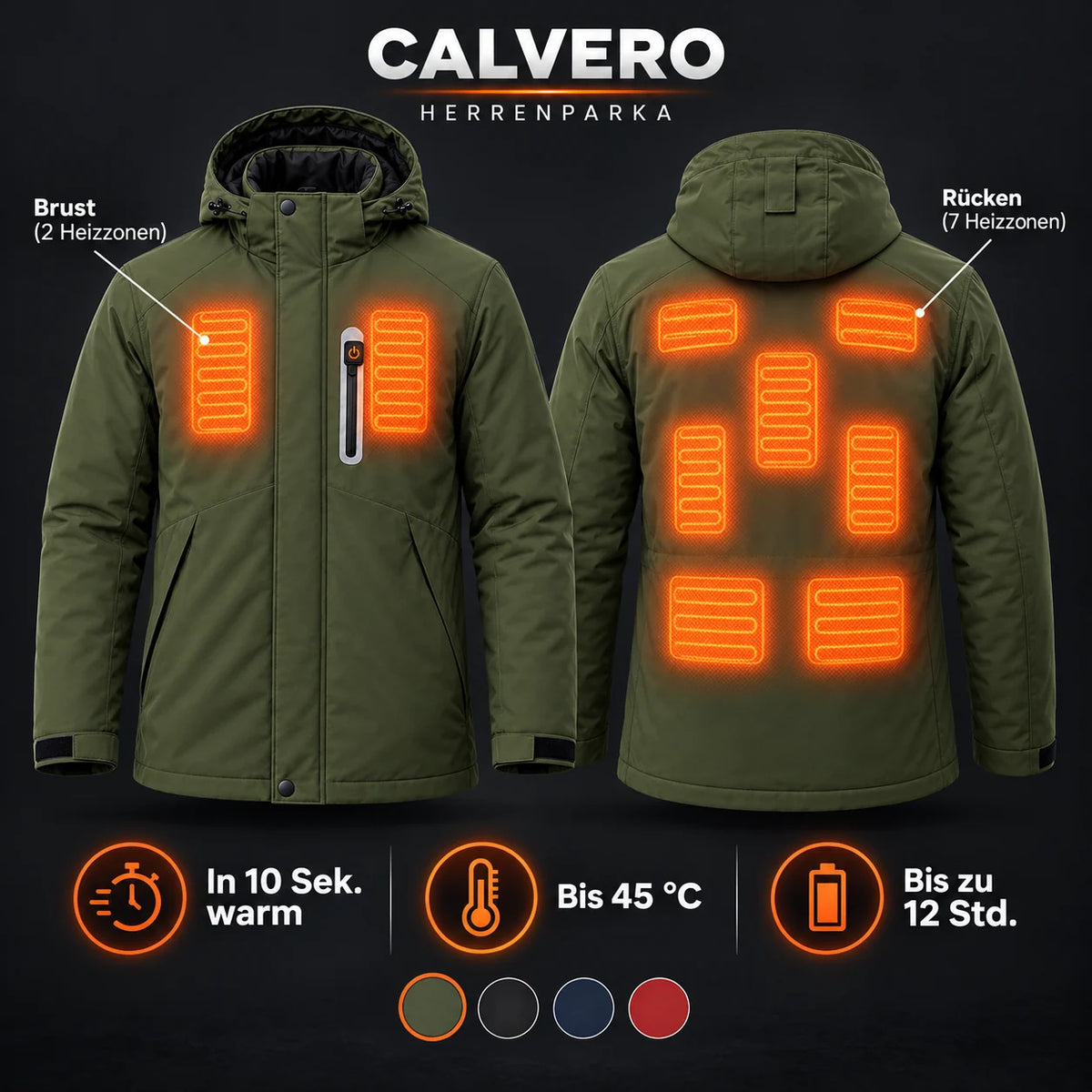 メンズ電熱パーカーコート PyreFit Calvero：胸と背中に9か所のヒーターゾーン