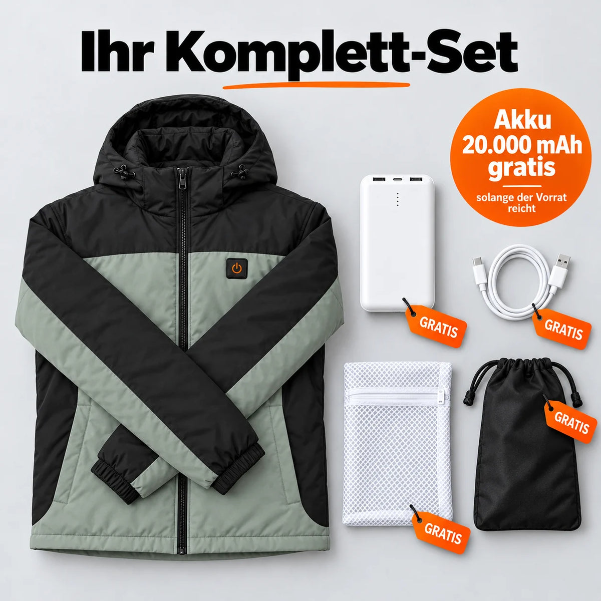 コンプリートセット：Schiefer、20,000mAhバッテリー、充電ケーブル、洗濯ネット、収納バッグ