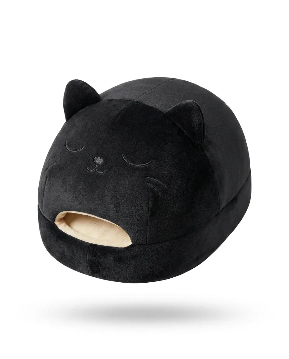 猫型シェルパ足温器 – 前面に開口部のある黒い猫型