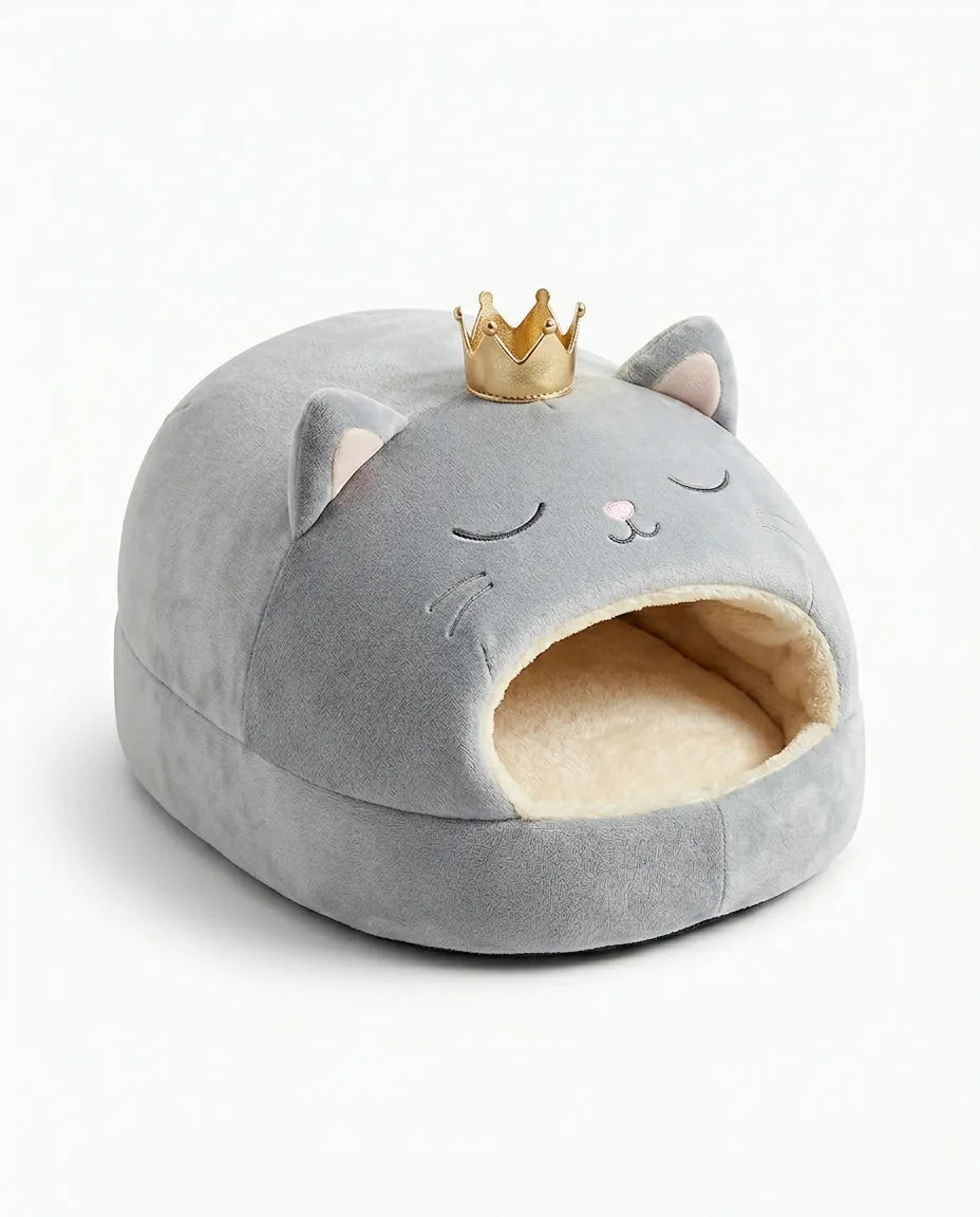 猫型シェルパ足温器 – 前面に開口部のあるグレーの猫型