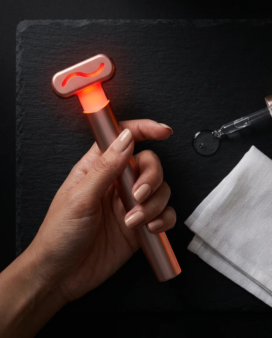 ハンドル付き赤色光フェイスケア機器 – 手でハンドルを持った様子