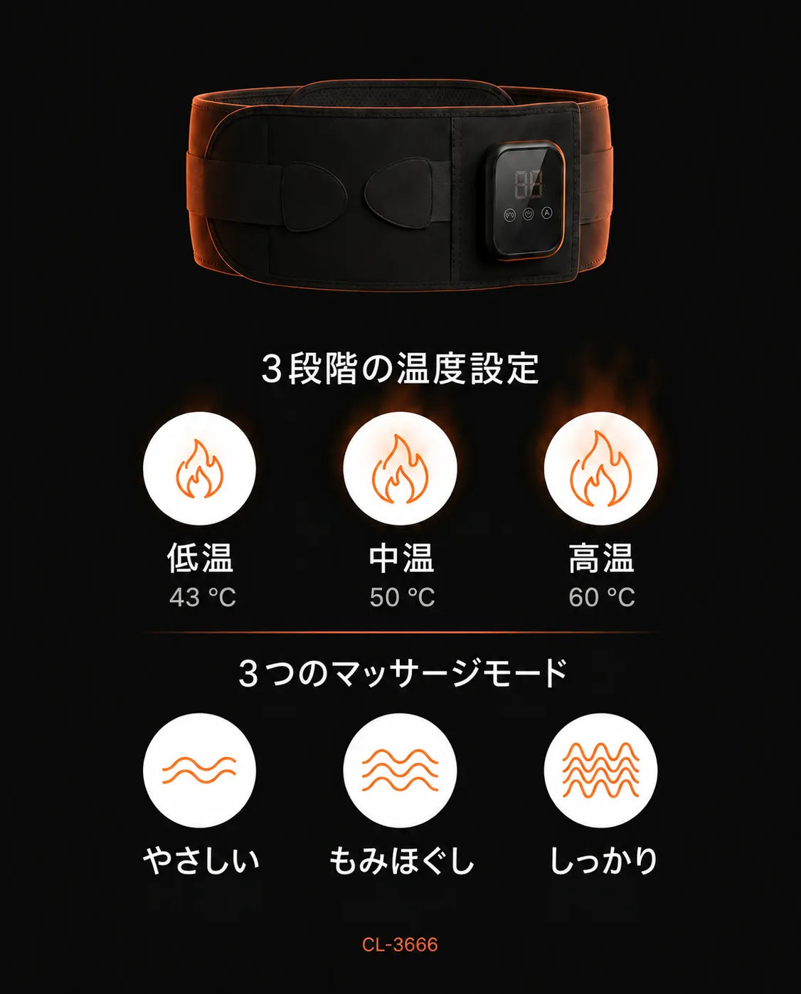 コードレス温熱マッサージベルト – 表示されたモードの一覧