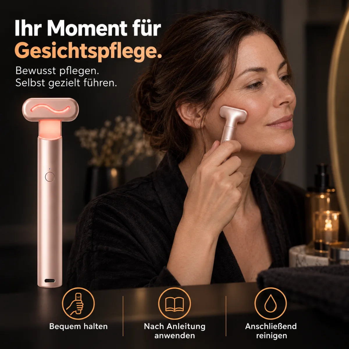 Rotlicht-Gesichtsgerät – Anwendung an der Wange