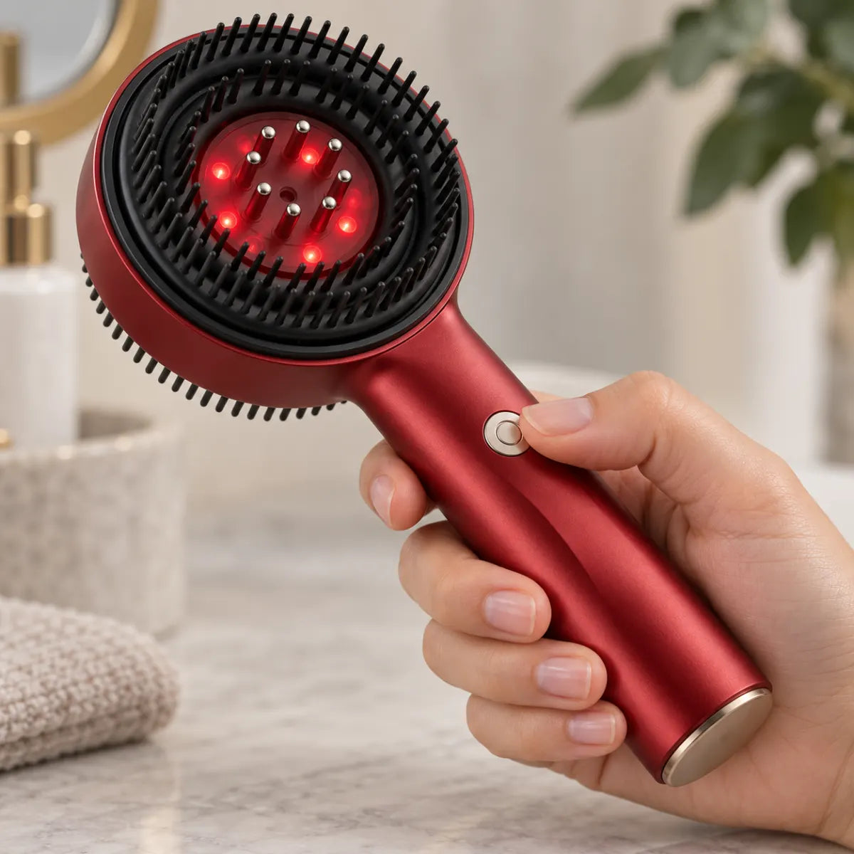 Kopfhaut-Massagekamm mit Rotlicht – Material und Bedienung