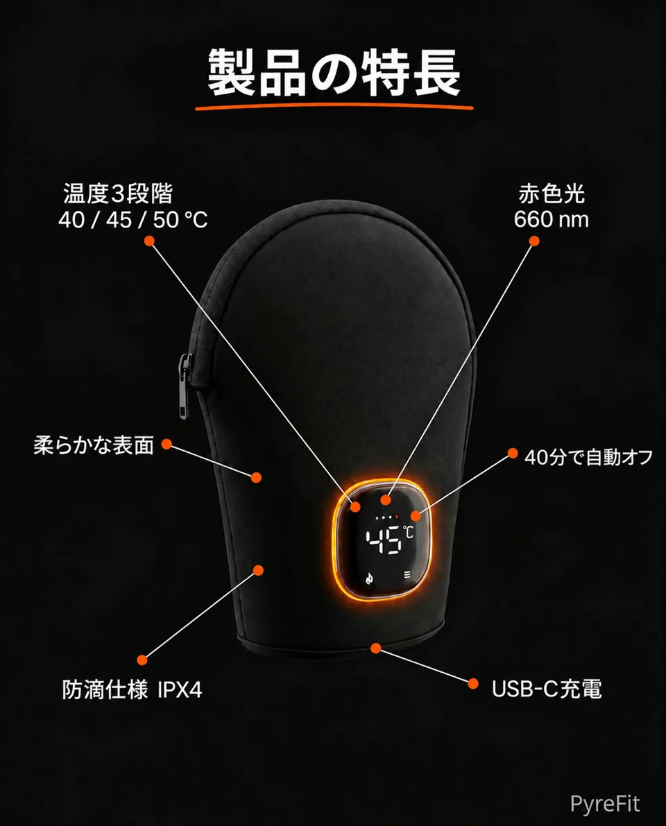 赤色光付き温熱グローブ—構造と機能のインフォグラフィック