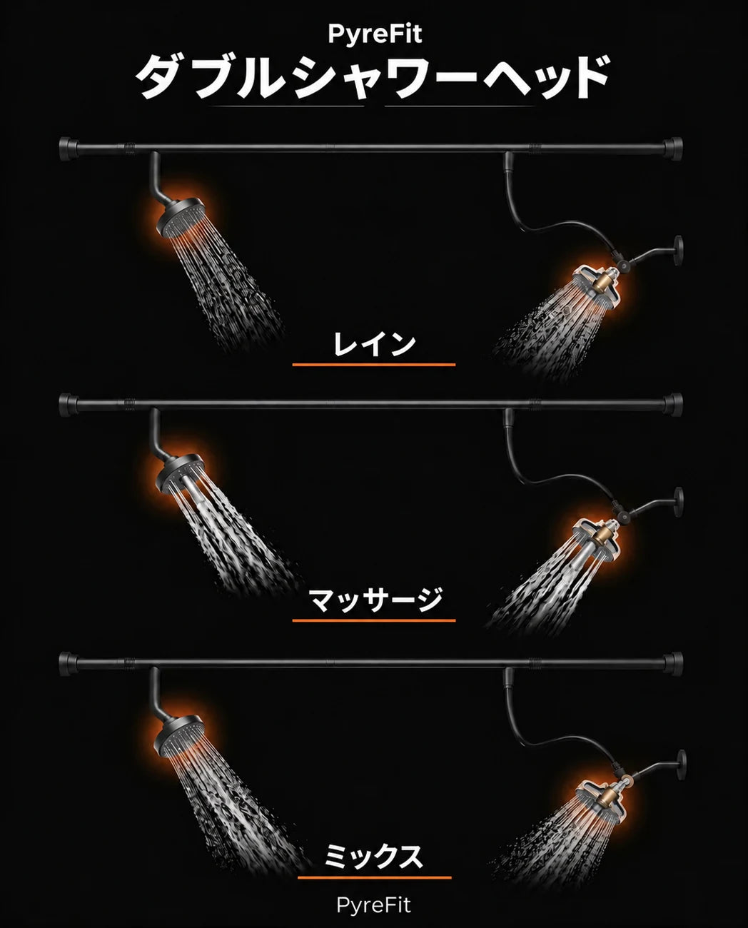 ダブルレインシャワーセット – 高さ調節可能なバーに2つのレインシャワーヘッド付き、商品画像5