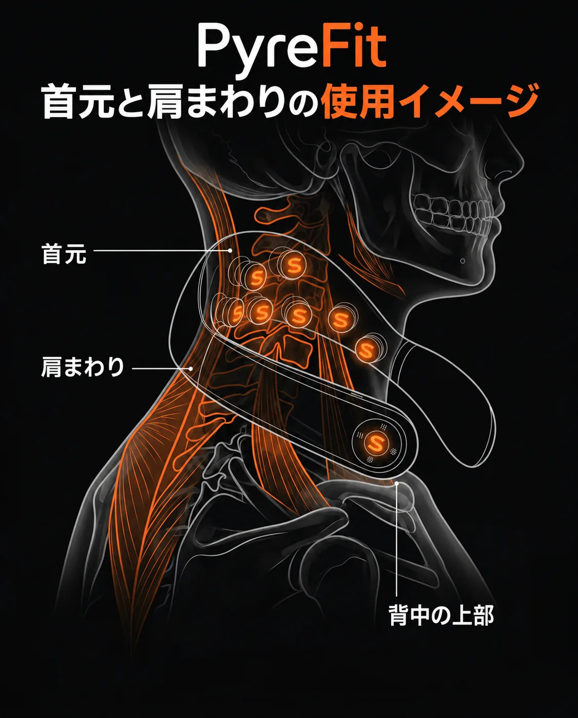温熱ネックマッサージャー – 首に当てる位置を示す図
