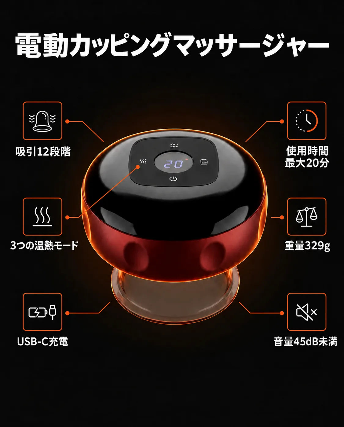 赤色光カッピング吸引マッサージ器 – 構造と機能のインフォグラフィック