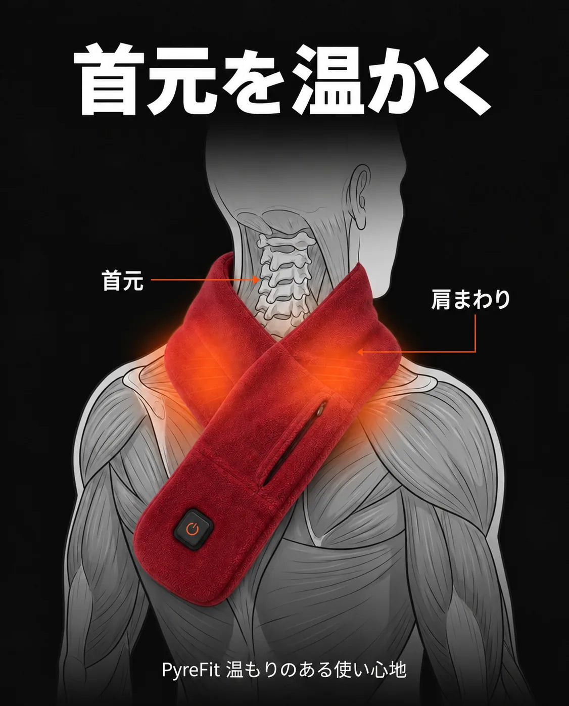 延長ケーブル付きUSBヒーター入りスカーフ—首への装着位置を示す図