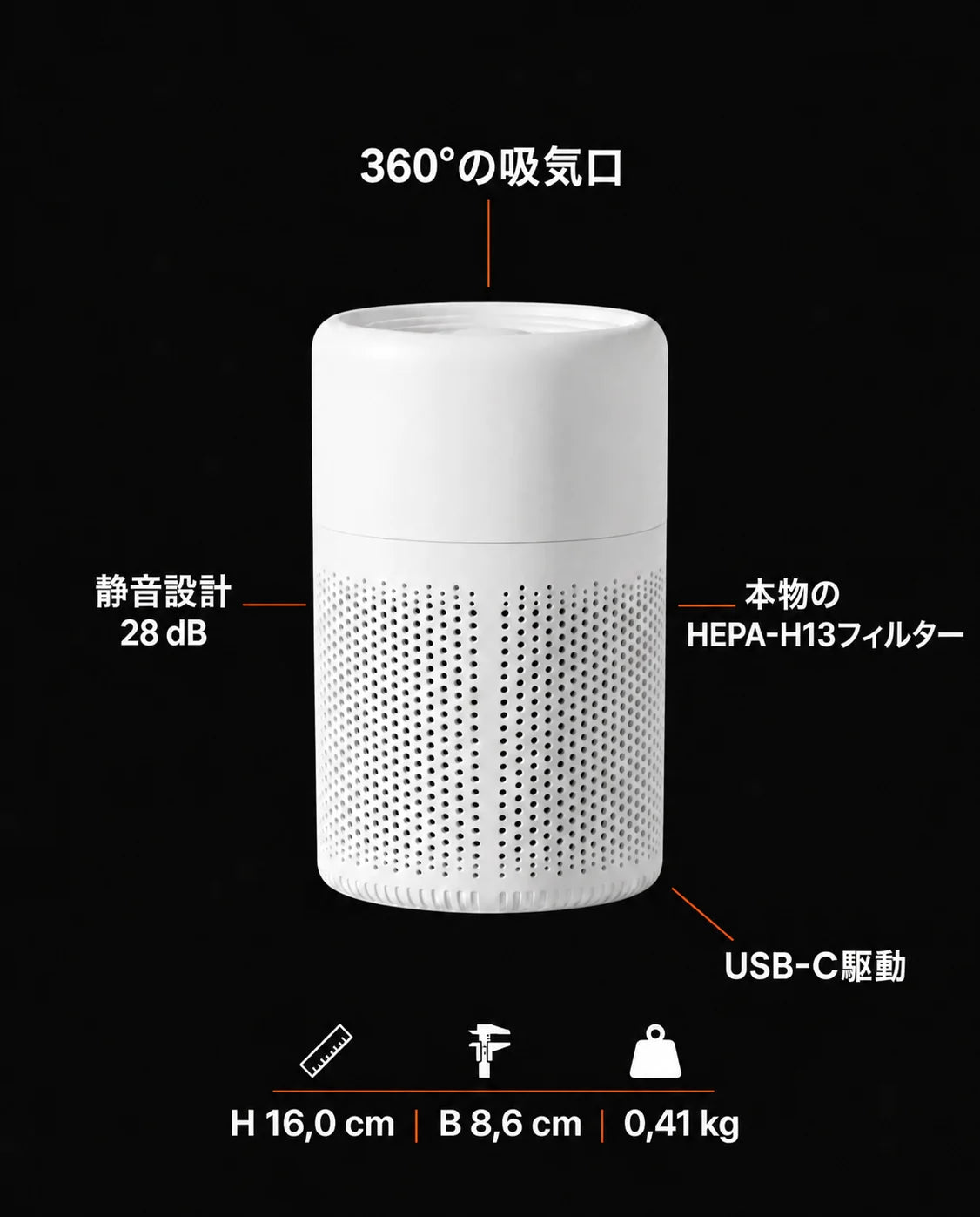 デスク用HEPAフィルター付き空気清浄機 – ほこりや花粉に対応する静音設計、商品画像7