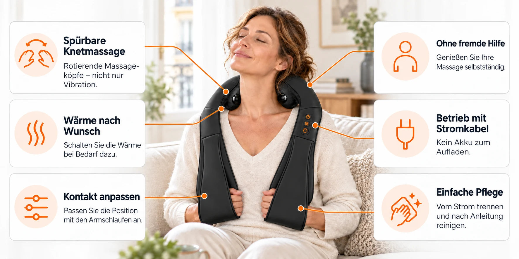 Shiatsu-Massage: Knetmassage, Wärme nach Wunsch, Kontakt anpassen, ohne fremde Hilfe, Stromkabel und einfache Pflege